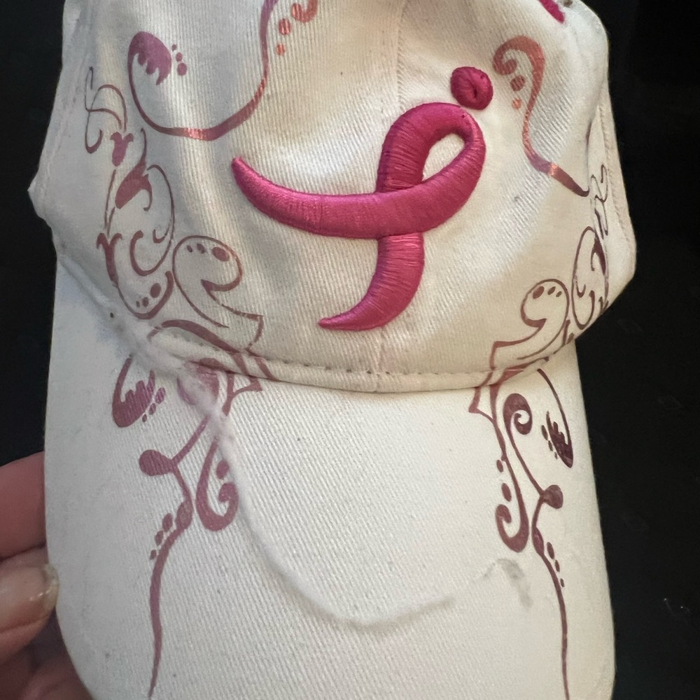 white Cap with Pink Ribbon Embroidery - Women's Awareness Baseball Hat - Picture 4 of 4